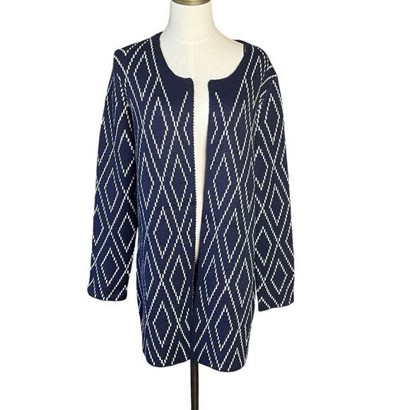 Oliver O Womans Cardigan Size L Navy Blue and Cream Diamond Pattern NWT - Picture 1 of 9